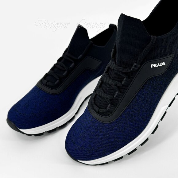 SOLD! NEW PRADA Men's Knit 2 Blue Black Textile Low Top Logo Sneakers UK 10.5 - Picture 5 of 10